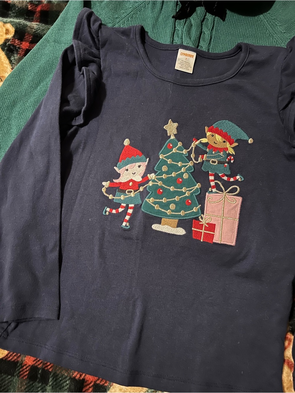 Gymboree Navy Long-Sleeve Elf & Tree Applique Top